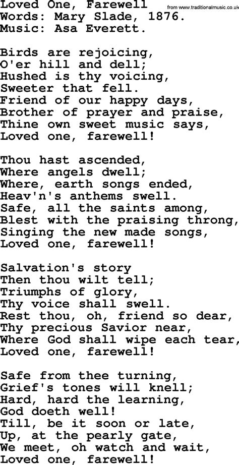 The song is set to an un-named tune by Glynn&39;s . . Catholic funeral hymns song of farewell